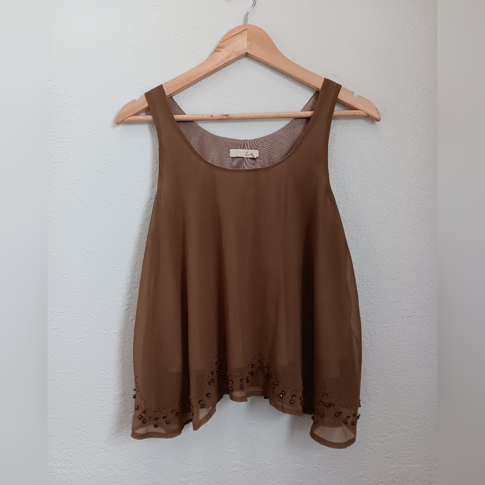 Lush Brown Flowy Hippie Sleeveless Beaded Detail Tank Top